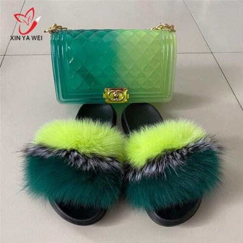 100% real fox fur slippers women fur slides rainbow shoe cute fur flip flops women travel Furry shoes jelly bags Set fashion bag