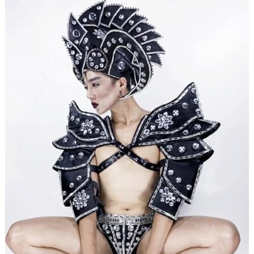 Halloween party GOGO DS muscle mens rhinestone armor horns costumes dance team costume