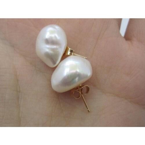 Excellent Baroque 11-15 MM AAA+ WHITE SOUTH SEA PEARLS EARRING YELLOW GOLD