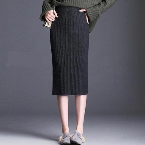 High Waist Knitted Women Skirts 2020 New Autumn Winter Casual Warm Ribbed Bodycon Pencil Skirt Elegant Midi Long Office Skirt