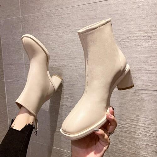 2020 top quality full Soft leather shoes women ankle boots zip square heels Chelsea boots fashion dress shoes woman