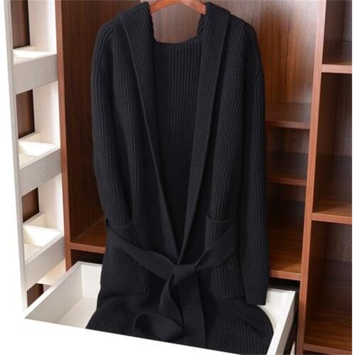 Wool cashmere blend thick knit women fashion lace up solid hooded long cardigan sweater M-L retail wholesale