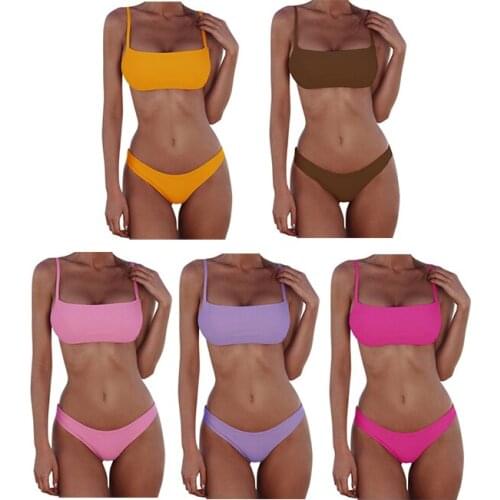Summer Ladies Solid Color Split Swimsuit Pure Color Comfortable Fresh Fashion Sexy Swimsuit Beachwear Gather Bikini