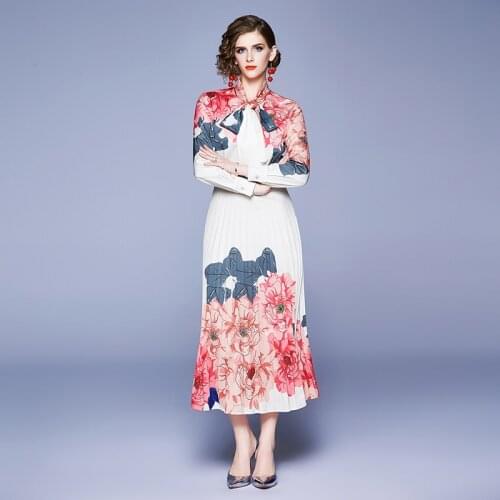 Spring Runway Elegant Long Dresses Womens Long Sleeve Bow Collar Floral Print Slim Maxi Dress vestido mujer K8926