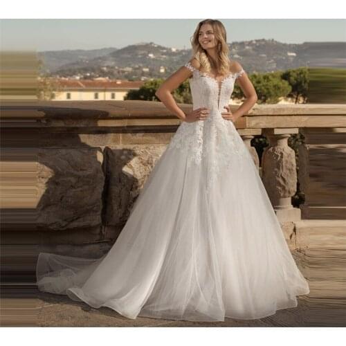 Sheer Shoulder A-Line Lace Appliques Wedding Dresses Lace Up Back Princess Bridal Gowns Custom Made New Robe De Mariee Beach