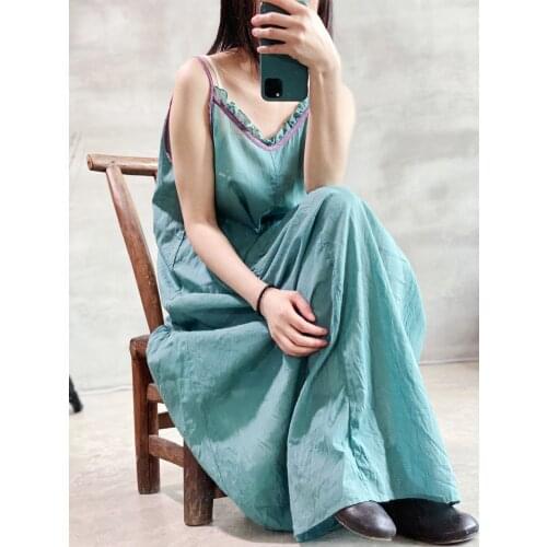 Women Loose Summer Patchwork Spaghetti Strap Dress Ladies Vintage Cotton Dress Female Thin Summer Dresses 2020