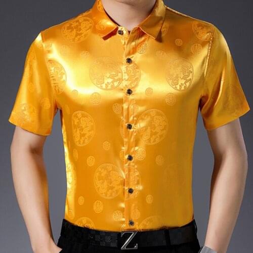 Gold Silk Shirts For Mens Satin Shirts Burgundy Dresses Large Sizes Casual Mens 2020 Fashion Shirts Summer Dragon Printed Men