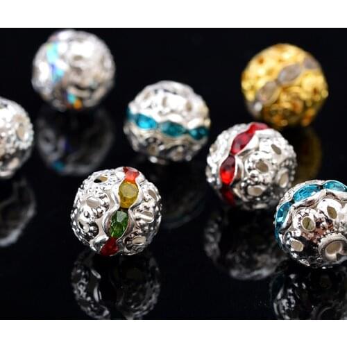 20pcs 6/8/10mm gold silver Metal plated crystal rhinestone round spacer loose beads for craft Bracelet Necklace Jewellery making