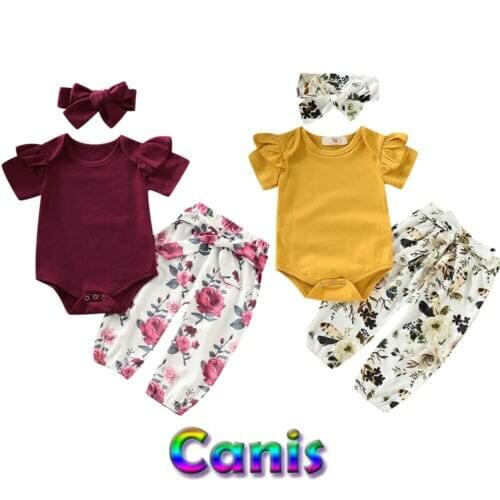 Newborn Infant Girls Short-sleeved Flying Sleeves Tops Romper Floral Pants Headband Outfits Clothes 3PCS