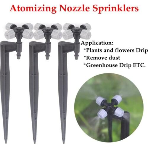 4Pcs 4-Head Gray Square Head Atomizing Nozzle Irrigation Sprinkler cross misting Nozzle Support Spike Watering Sprinklers