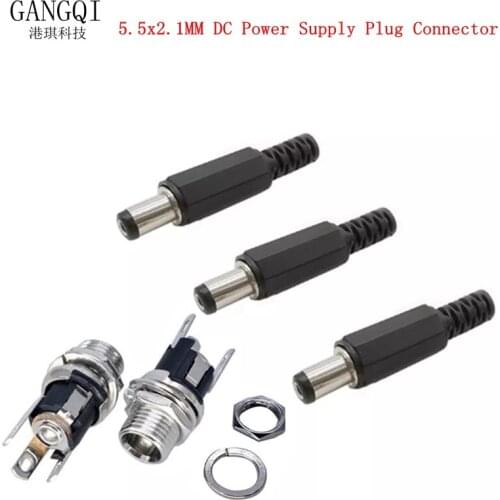 5.5mm x 2.1mm 5.5x2.1 DC Power Supply Plug Connector + Female Metal Panel Mount Socket Jack Plug DC Connectors Terminal Adapter
