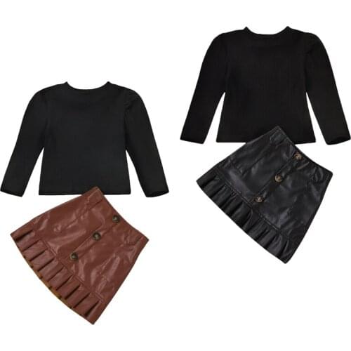 FOCUSNORM Fashion Kids Girls Clothes Sets Autumn Long Sleeve Knit Pullover Tops Button Leather A-Line Skirts 1-8Y