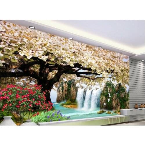 Custom photo 3d wallpaper Non-woven mural wall sticker waterfall cherry blossom painting picture 3d wall room murals wallpaper
