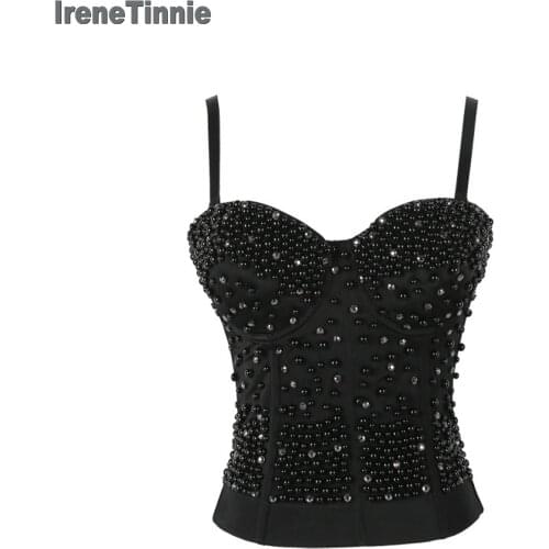 IRENE TINNIE Women Sexy Rhinestone Push Up Bustier Crop Top For Rave Festival Night Club Ballroom Stage Corset Tank Vest
