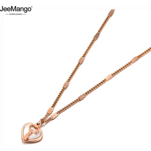 JeeMango Romantic Stainless Steel Lovely Heart Charm Choker Necklaces Shell Key Pendant Chain Jewelry For Women Collier JN20035