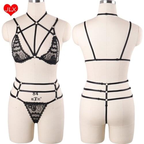 JLX.HARNESS Sexy Lingerie Lace Top Bondage Set Body Harness Goth Shorts Punk Bustier Fetish Lace Panties Stocking Belt