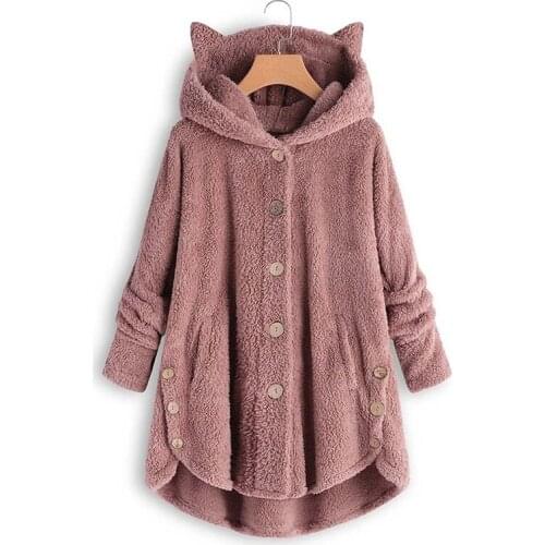 Women Plus Velvet Coat Autumn Winter Cute Cats Ears Hooded Irregular Buttons Jacket Fleece Coat Casual Loose Fashion