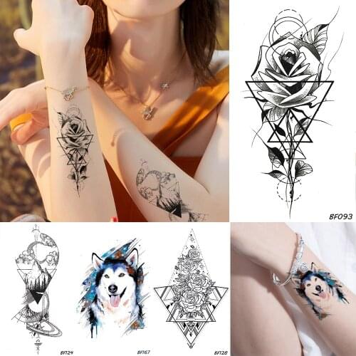 Men Geometric Flower Rose Women Black Temporary Tattoo Blue Wolf Waterproof Fake Tatoos Body Art Arms Legs DIY Tattoo Stickers
