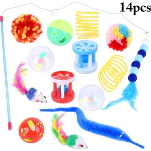 14pcs Christmas Pet Cat Toy Set Cat Interactive Cat feather wand False Mouse Cat Teaser Spring Ball Bell Toys for Cats