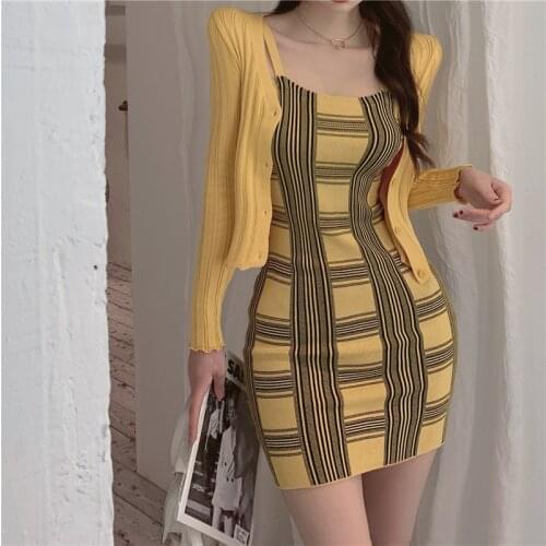 Autumn Spring Girl Solid Sweater Cardigan And Plaid Mini Camis Knit Dress Womens Knitted Two-piece Suit For Female