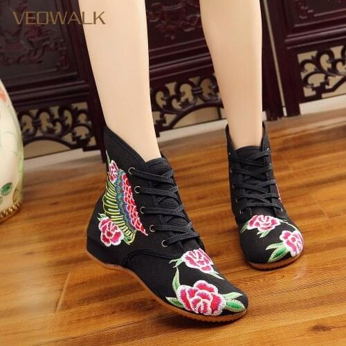 Veowalk Autumn Women Canvas Short Ankle Boots Ladies Chinese Embroidery Flat Booties Vintage Lace-Up Embroidery Shoes
