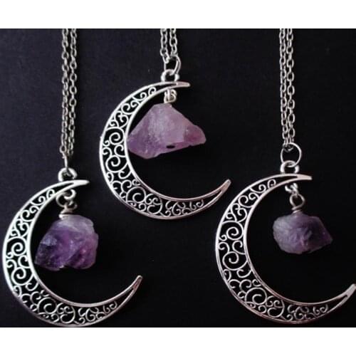 Purple Crystal Moon Necklace Crescent Raw Witch Jewelry Wizard Gothic Punk Creativity Statement Pendant Fashion Women Gifts 2021