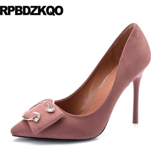 Size 33 Sexy Women Shoes Rhinestones Suede Crystal Plus Diamond Pink High Heels Pointed Toe Pumps Scarpin Metal 3 Inch 10 42