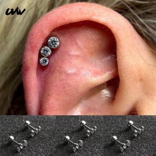 UVW337 2pc Trendy Stainless Steel CZ Stud Earrings for Women Men Helix Piercing Body Jewelry Silver Color Pendientes Brincos