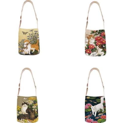 Cure cat ladies shoulder bag cotton and linen handbag mini bag simple mini messenger bag casual messenger bag