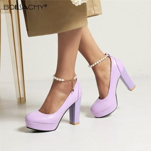 Women Beaded Ankle strap High Heels Shoes Platform Bottom White Work Shoes Ladies Dress Wedding Shoes Pumps Purple Black Pink