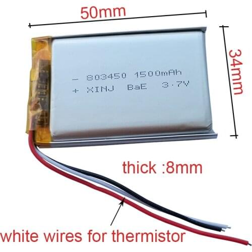 XINJ 3.7V 1500mAh Rechargeable 3 Wires Thermistor Li Polymer Battery 803450 3pin 1.5/ 2.0/ 2.54 For DashCam GPS Sat Nav 083450