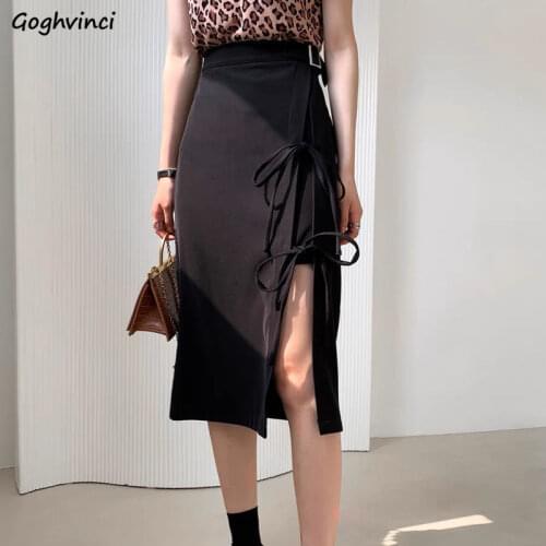 Skirts Women Black Side-slit Mid-calf Summer Irregular High Waist A-line Sexy Bandage Korean Style Fashion Slim All-match Chic