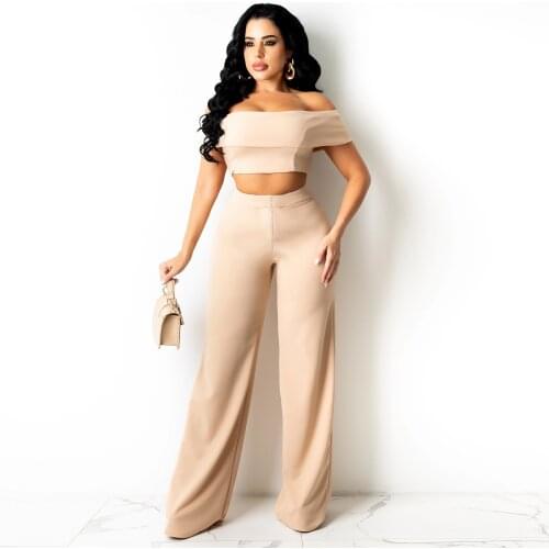 2021 Famous Elegant Design 2 pcs Women Set Solid Slash Neck Short Tops Long Pants Summer Outfits