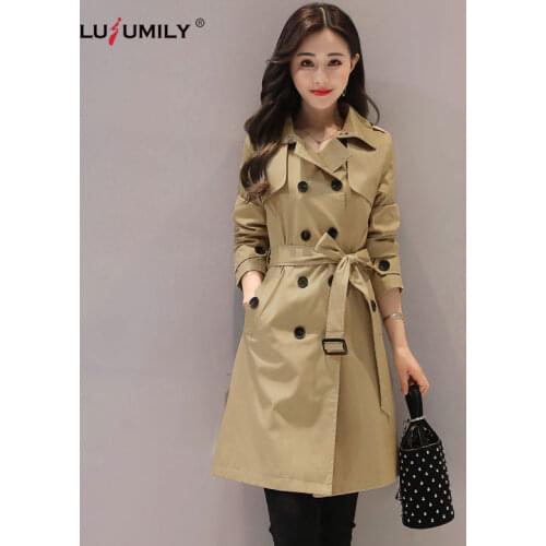 Lusumily Womens Trench Coat Double Breasted Mid-long Jacket Straight Fit Minimalist Coat Khaki Slim Belt Windbreaker Female