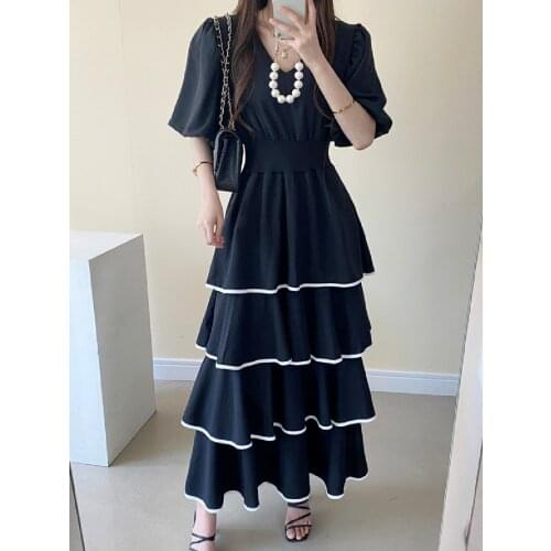 Women Summer V Neck Dress Ruffles High Waist Dress Female Elegant Puff Sleeve Long Maxi A Line Party Vestidos 2021 YOU707