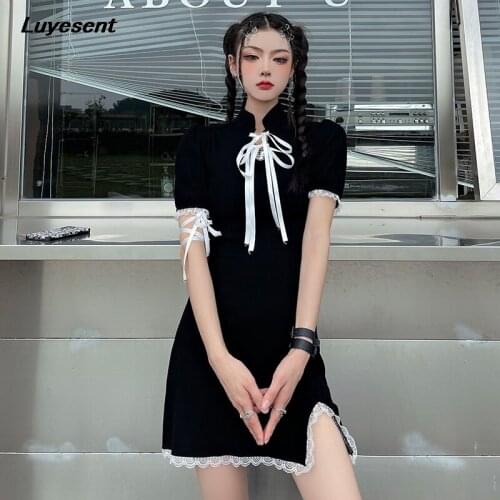 Chinese Style Empire Black Gtohic Lady Dress Crop Strand Neck Elegant Short Sleeve Cheongsam Lace Dresses Lace-up Ribbon Clothes