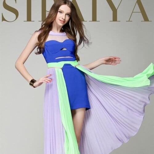 2020 High End Women Backless O Neck Sleeveless Contrast Dress Summer Patchwork Chiffon Dress Ladies Hollow Out Sexy Party Dress