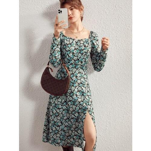 Yinlinhe Green Floral Spring Dress Long Sleeve Split Vintage Long Dress Women French Style Elastic Slim Party Dresses autumn 956