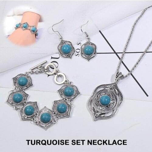 Bohemian Vintage Natural Green Stone Necklace Earring Bracelet Jewelry Set Silver Plated Geometric Bridal Wedding Ethnic Jewelry