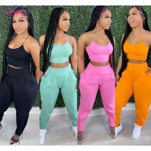 Adogirl Lace Up Cuff Jogger Pants Camisole Crop Top Women Solid Casual Two Piece Set Fashion Tracksuit Female Club Suit