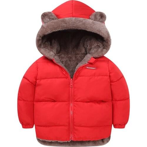Childrens Winter Down-Cotton Coat Boys Girls Cute Plush Ear Hat Lambswool Thickened Warm Jacket Childrens Windproof Clothes