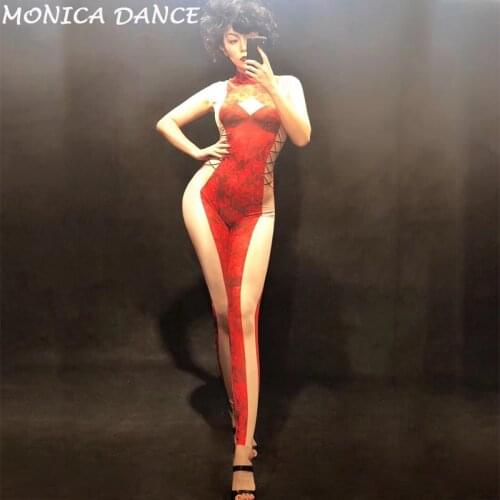 Women Sexy Stage Red Flowers Print Nightclub DJ Jumpsuit Nightclub Party Bodysuit for Singer Stage Wear Birthday Dance Costumes