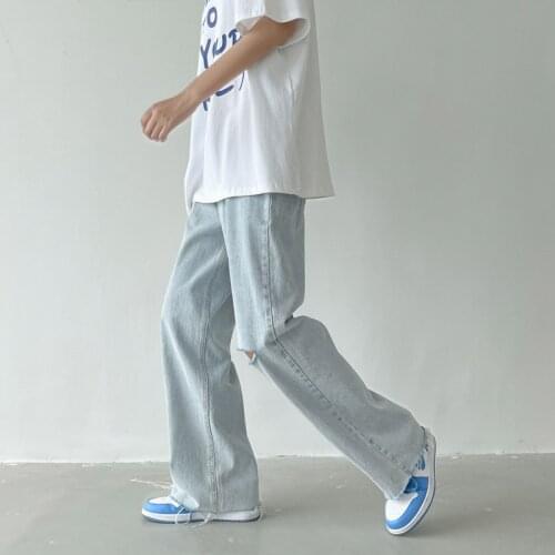 Autumn Wide-leg Jeans Mens Fashion Light Blue Casual Ripped Jeans Men Streetwear Loose Hip-hop Hole Straight Denim Trousers Men