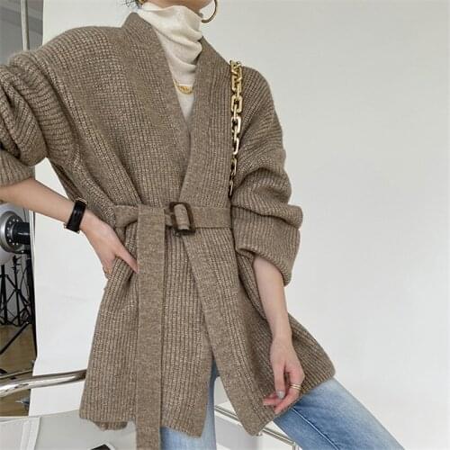 Elegant Cardigan Women Sweater Autumn Winter Sash Tie Up Knitted Sweater Loose Jacket Ladies Sweaters Cardigans Female