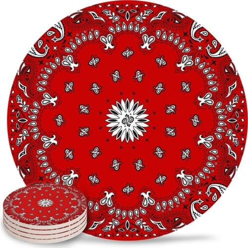 Classic Red Bandana Red Paisley Ceramic Coasters Waterproof Tea Cup Mat Christmas Home Decor Coasters for Glasses