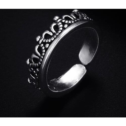 Trendy Vintage Crown Shape Antique Silver Plated Punk Hiphop Rock Style Resizable Rings for Women Girl & Man Retro Party Jewelry