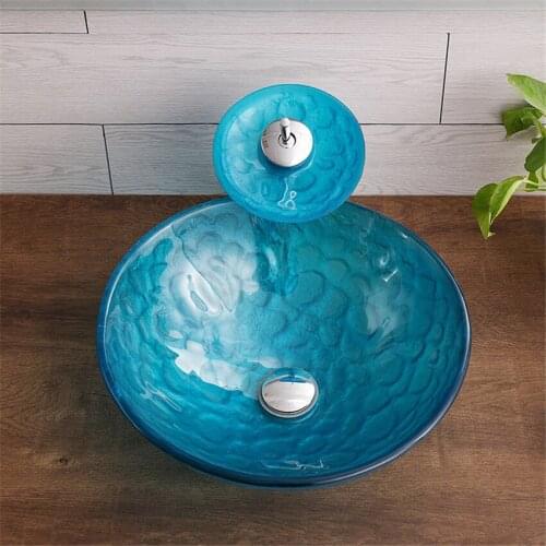 Bathroom Washbasin Countertop Tempered Glass Basin round wash basin Waterfall Faucet Washroom Washbasin Faucet Set