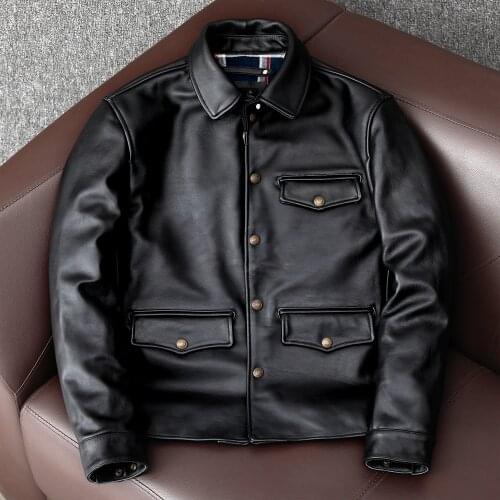 Mens Classic Black Genuine Horse Leather Jacket Fashion Slim Brakeman Wear Horse Leather Jacket Coat Autumn Plus Size XL 2XL