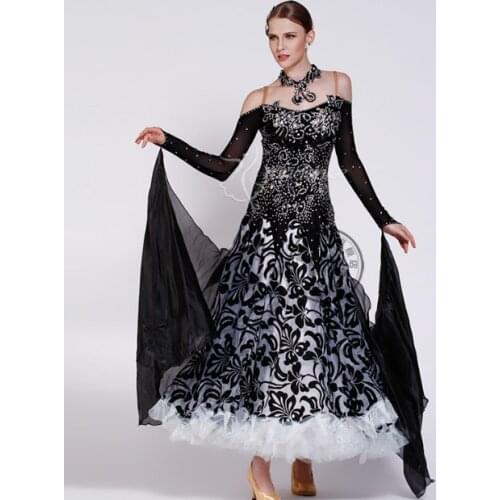 Customize elegant black shiny standard rhinestone Waltz tango Fox trot ballroom Quick step dress competition woman lady girl