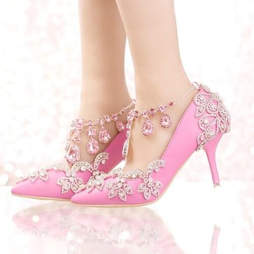 New Designer Pointed Toe Rhinestone Wedding Shoes Crystal Tassel Ankle Strap Banquet Formal Dress Shoes Luxury Women Prom Pumps